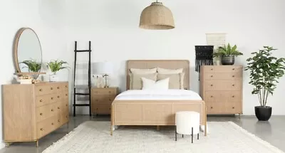 4 Pc Mid Century Sand Wash Woven Cane King Bed Ns Dresser Bedroom Furniture Set • $2199