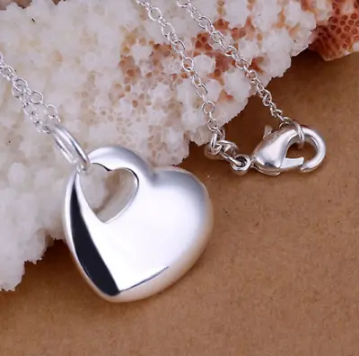 925 Sterling Silver Solid Heart Pendant Necklace Chain Womens Ladies Gift • £4.99