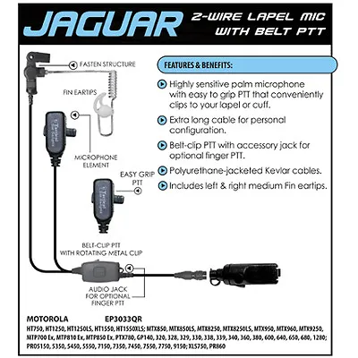 JAGUAR Quick Release Earpiece For Motorola SABER 1 2 3 I II III / ASTRO Radios • $140.40