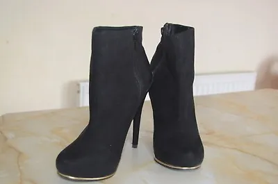 Miss Selfridge Stilleto Abbey Black Gold Accent Suede Ankle Boots Size Uk 4 Eu37 • £17.99