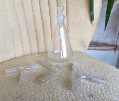 Lot Of 4 Quickfit Borosilicate Medical Lab Glass Still Head Cone Beaker Etc • £18