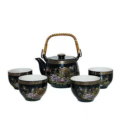 Vintage MCI Japan Tea Set 4 Cups 1 Teapot Black Gold Peacocks Bamboo Handle • £17.49