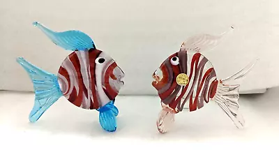 EQ. MURANO ITALY Set Of 2 Small Blue & Pink Art Glass Fishes Decor Figurine • $35.32