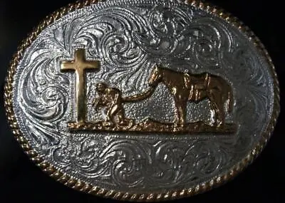 Crumrine Western Buckle Oval Praying Cowboy At Cross Silver & Gold Tone C1037448 • $55