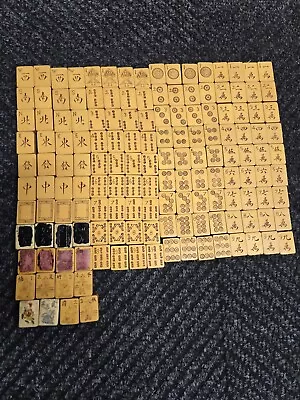 Antique Chinese 1920s Butterscotch Mah Jong Game 152 Tiles 5 Wood Racks W Box • $380