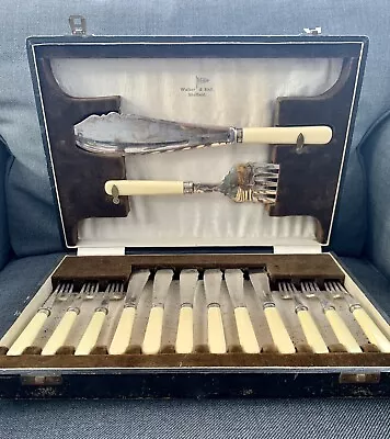 Vintage Walker & Hall Sheffield Fish Service Cutlery Set Silver Plate • £15