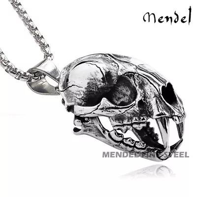 MENDE Mens Stainless Steel Saber Tooth Tiger Fossil Skull Pendant Necklace • $26.99