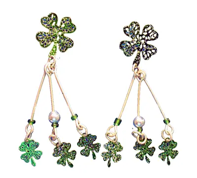 EARRINGS St Patrick Vintage IRISH CLOVER 4 Leaf Enamel Glitter Bead Dangle Posts • $11.97