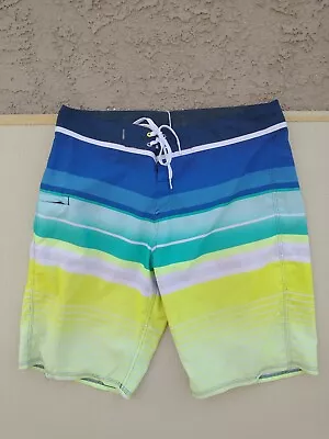 Quiksilver Board Shorts Mens 33 Waist Blue Green Stripes Surf Swim Vtg Beach  • $24.69