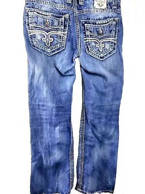 Rock Revival Kael Jeans Men's Size 34 X 31 Distressed Boot Blue Denim USA • $49.95