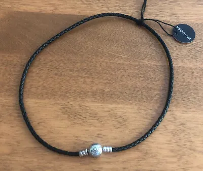 $42.57 • Buy Pandora Sterling Silver Black Braided Leather Charm Choker Necklace NEW