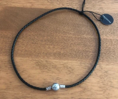 $42.57 • Buy Pandora Sterling Silver Black Braided Leather Charm Choker Necklace NEW