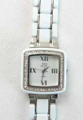 Nolan Miller Silver Tone & White Link Band Watch With Clear Crystals • $18