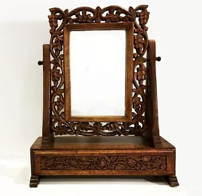 Intricately Carved Wooden Vanity Mirror.  Moroccan Style.  Pull Out Drawer. • $129
