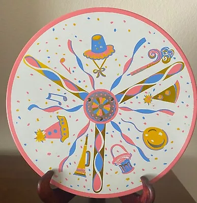 Vintage Fabcraft 1960's Tin Litho Wind-Up Musical Birthday Cake Stand 10” WORKS • $50