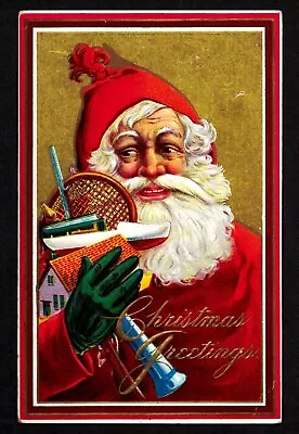 0704 Antique Vintage Santa Claus Postcard Red Robe Hat Green Glove Tennis Racket • $14.99