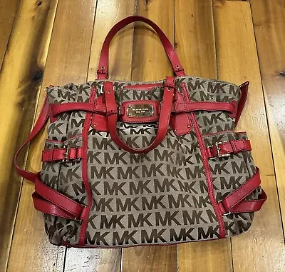 Michael Kors Brown Signature Canvas & Red Leather Gansevoort Tote Bag • $75