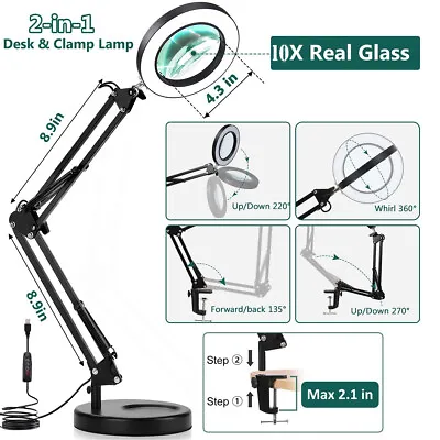 $27.99 • Buy 10X Magnifying Glass Desk Light Magnifier LED Lamp Reading Lamp With Base &Clamp