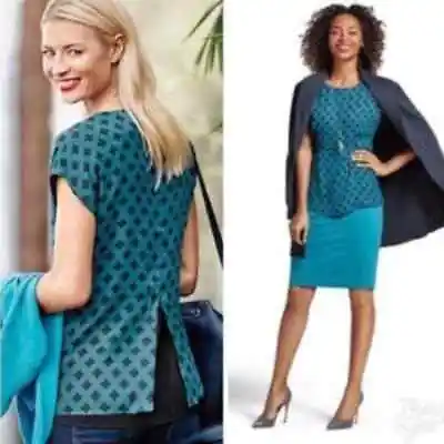 CAbi #3274 Women's XS Teal Blue Foulard Cap Sleeve Geometric Print Blouse Top  • $27.98