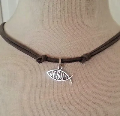 Leather Necklace Fish Faith Jesus Charm Pendant Handmade Men's Woman Choker Gray • $13.98