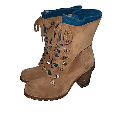 Ugg  Tan Suede Blue Wool Insulted Blue  Zip Lace Up Sz 9 • $55