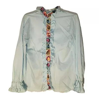 Vtg Womens Light Blue Embroidered Ruffled Cottagecore Back Button Blouse Sz S • $29.99