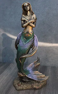 Large Marine Green And Purple Tailed Mermaid Siren Maiden On Sea Rock Figurine • $39.99