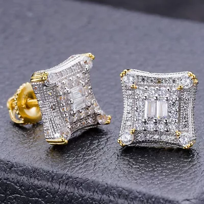 14k Gold Plated Real Hip Hop Men's Earrings Large Square Kite Baguette Iced CZ • $37.33