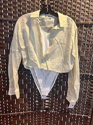 A’nue Ligne Sheer Striped Blouse Bodysuit W/Snap Crotch - Medium - NWT • $19.75