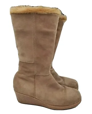 Maxine Of Canada Boots Beige Leather Knee High Wedge Size 39 US 8 • $41.85