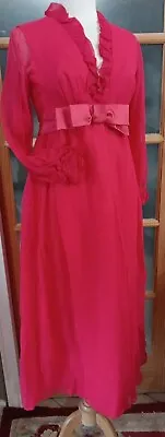 Vintage Chiffon Maxi Hot Pink 60s 70s Satin Bow Ruffle V Neck Long Sleeve Dress  • $115.32