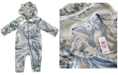 Baby GAP Boys Teal Blue Swirl Fleece Hooded Pramsuit Snowsuit All In One  0 - 24 • £12.99