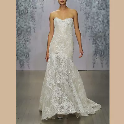 NEW $6000 Monique Lhuillier Farren Strapless Sweetheart Lace Gown Ivory [SZ 10 ] • $999