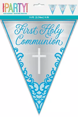 1st Holy Communion Bunting Boys Party Decoration Blue & Silver Foil Flag Banner • £3.25