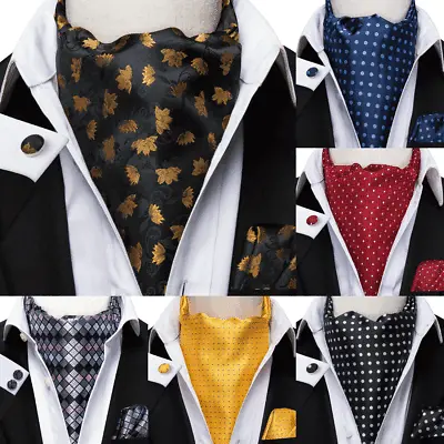 Barry Wang Mens Silk Ascot Cravat Tie Brown Checks Hanky Cufflinks Set Wedding • $7.99