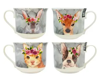 £13.99 • Buy 4 Coffee Mugs Set Tea Cups Floral Animals Cat Dog Watercolour Bone China Large