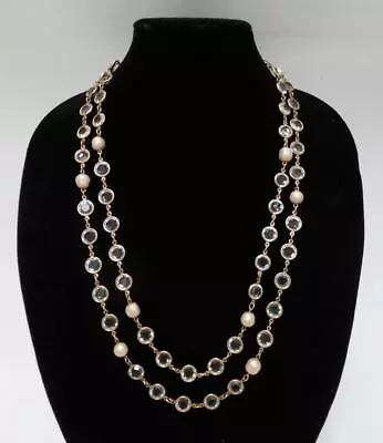 Vintage 1981 Chanel Faux Pearl Bezel Set Faceted Crystal Sautoir 58  Necklace • $1150