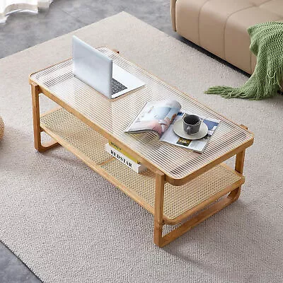 NYEESS Rattan Coffee Table With Tempered Glass TopWood Coffee Table For Living • $233.20