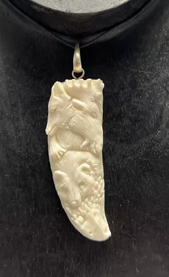 Moose Wolf Bear Eagle Sterling Silver 925 Hand Carved Bone Cow Pendant Necklace • $18