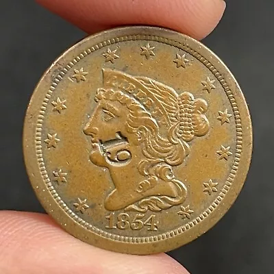 1854 1/2c Braided Hair Half Cent Counterstamp 19 Token Almost Uncirculated • $99.99