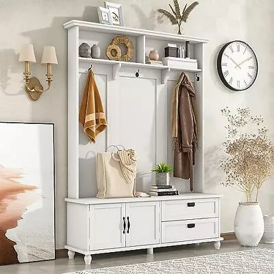 Modern Style Hall Tree With Storage Cabinet And 2 Large Drawers Wooden Coat ... • $370.91