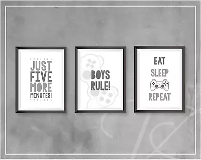 Gaming Prints Grey Bedroom Decor Gamer Games Room Wall Art Eat Sleep Game Repeat • £9.49