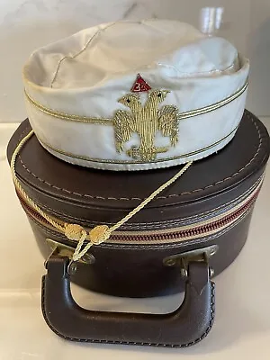 Vintage 33rd Degree Freemason Masonic Hat White Gold Eagle Badge W/leather Case • $29