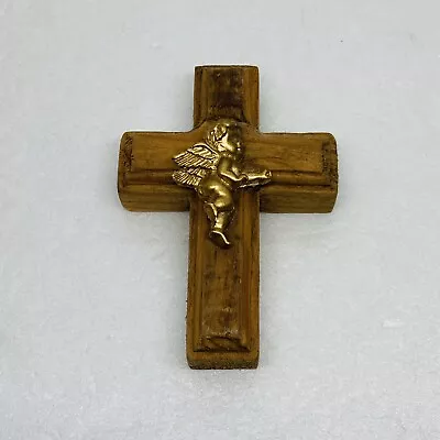 Vintage 1960s Wooden Cross Praying Icon Gold Baby Cherub Angel 4” Art Decor 27 • $48.22