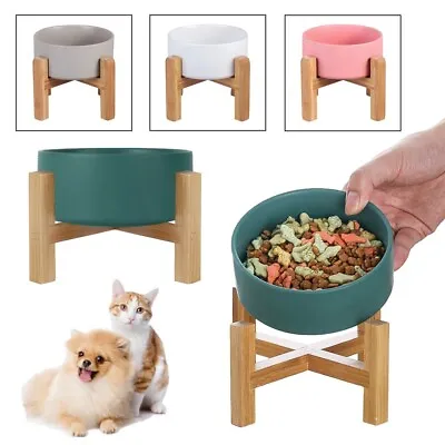 £3.99 • Buy Raised Dog Bowl Non-Slip Cat Ceramic Wooden Luxury Pet Puppy Feeding Station UK