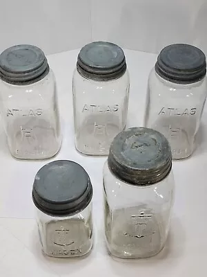  5 Vintage Atlas Square Mason Glass Canning Jars W/Zinc Lids  3-H/A 2-Anchor • $19.99