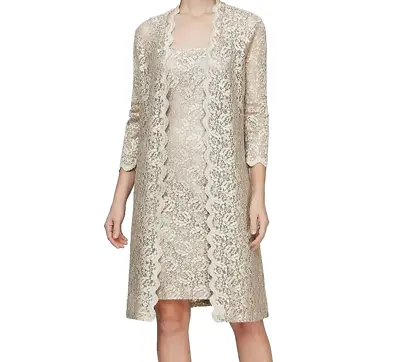 Alex Evenings Lace Glitter Mother Of The Bride/Groom Taupe Dress Jacket Size 10p • $98.99