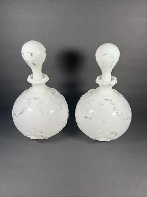 VTG Set 2 Victorian Milk Glass Barber Shop Vanity Cologne Perfume Bottle 9” Tall • $24