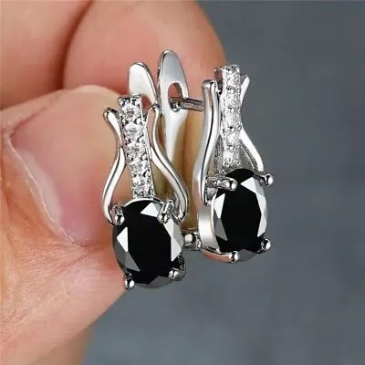 2Ct Oval Cut Lab-Created Black Spinel Hoop Pretty Earrings 14K White Gold Plated • $90.99