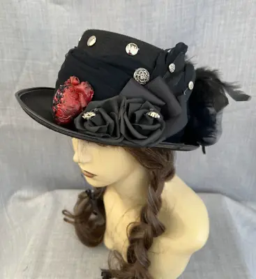 Unique Black Gothic Goth Top Hat Roses Broken Heart Feathers Bow 57cm  (3) • £24.99